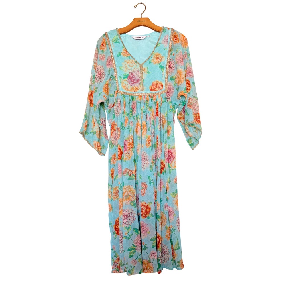 BIBA Women Light Blue Floral Print Anarkali Kurti Gold Trim Bell Sleeve SZ 34 M
